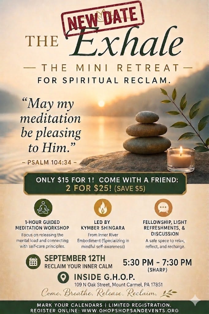 Flyer for The Exhale spiritual retreat on September 12th featuring meditation, yoga, and discussion with pricing and location details